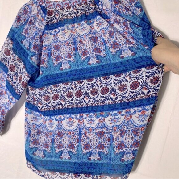 Fig And Flower Blue Red White Multi Print Boho tTie Front Semi Sheer Blouse M - Picture 9 of 15